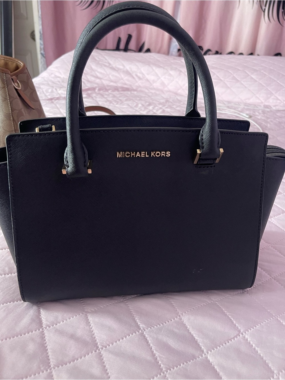 Michael Kors Black Leather Double-Handle Satchel with Gold Hardware